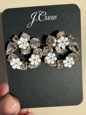J. Crew Gold-Tone Floral Crystal Cluster Earrings with White Enamel